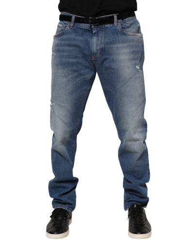 Dolce &amp; Gabbana Blue Washed Cotton Logo Plaque Denim Jeans