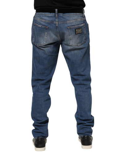 Dolce &amp; Gabbana Blue Washed Cotton Logo Plaque Denim Jeans