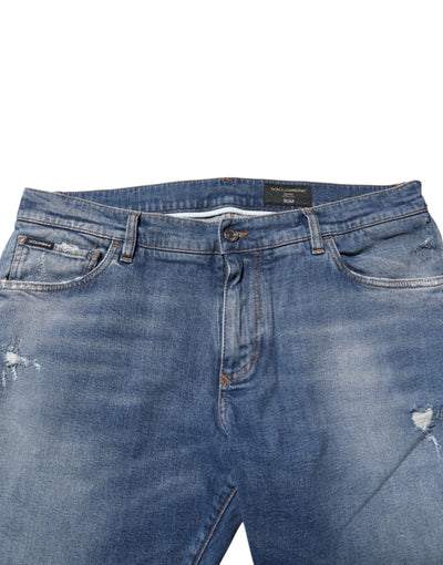 Dolce &amp; Gabbana Blue Washed Cotton Logo Plaque Denim Jeans