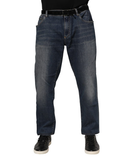 Dolce &amp; Gabbana Blue Cotton Logo Plaque Slim Denim Jeans