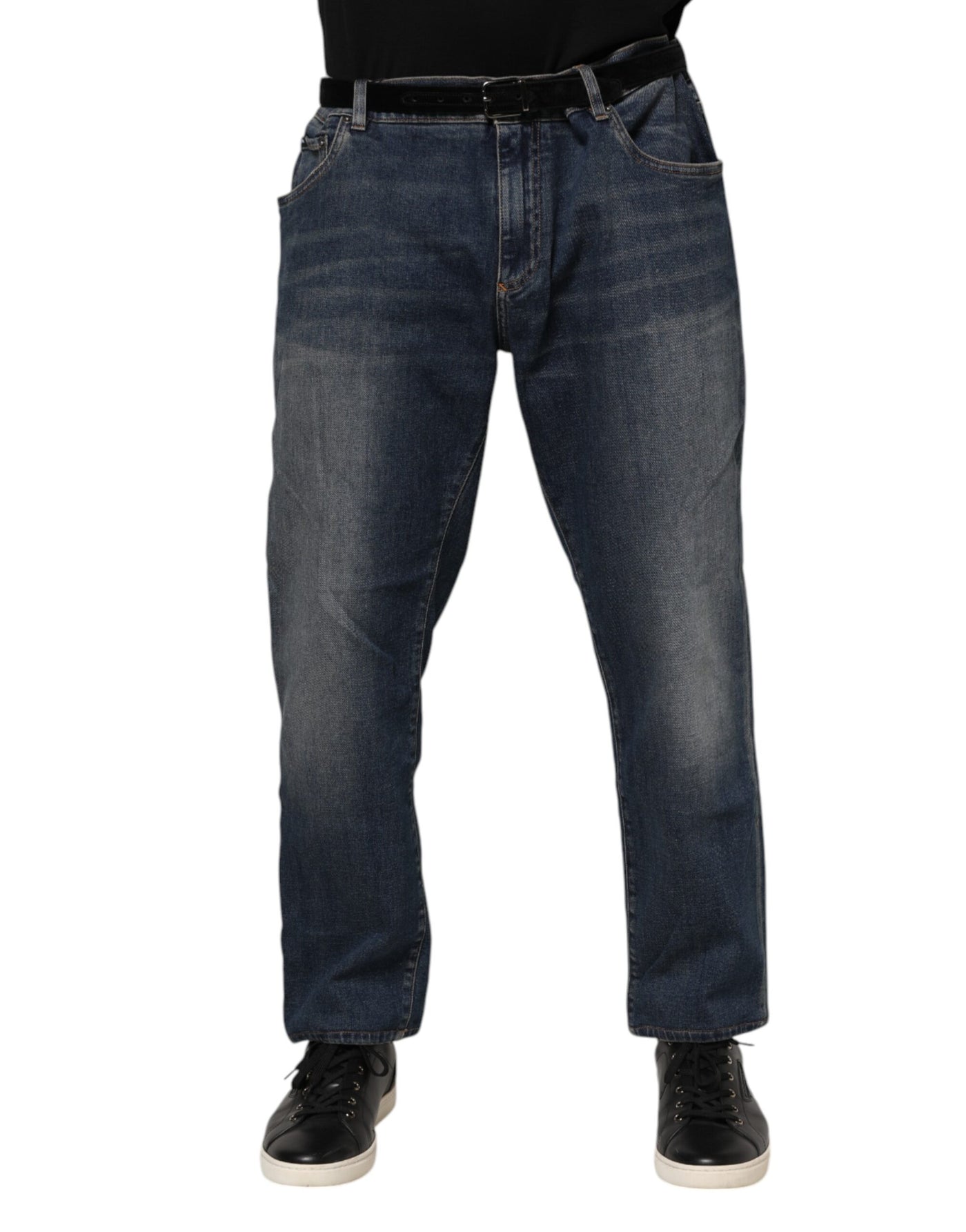 Dolce &amp; Gabbana Blue Cotton Logo Plaque Slim Denim Jeans