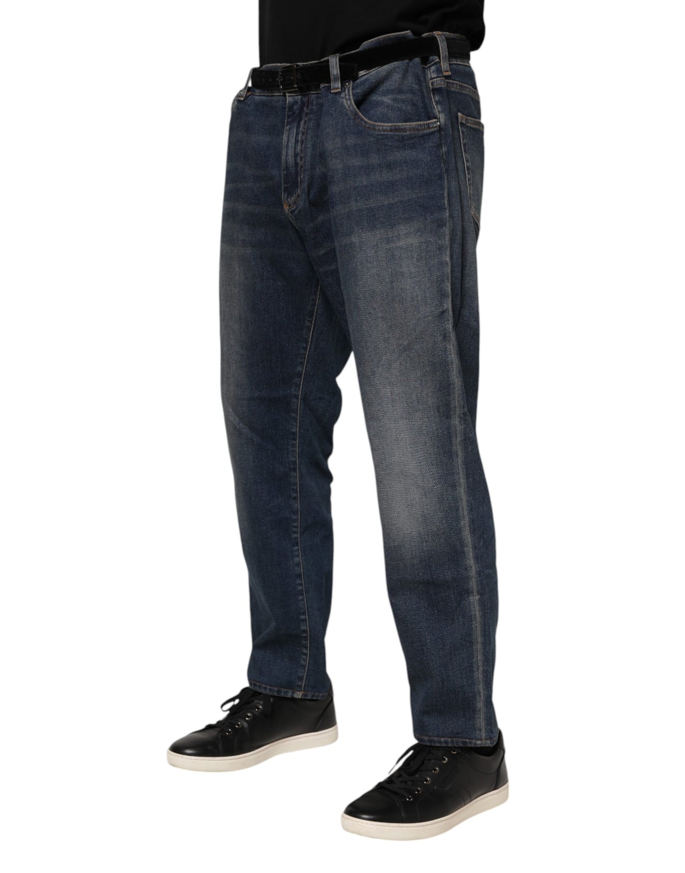 Dolce &amp; Gabbana Blue Cotton Logo Plaque Slim Denim Jeans