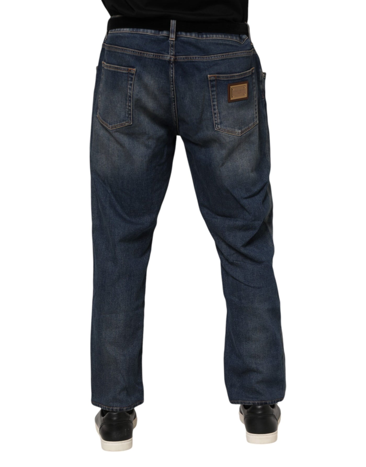 Dolce &amp; Gabbana Blue Cotton Logo Plaque Slim Denim Jeans