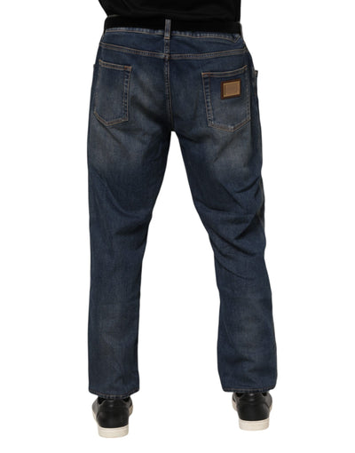 Dolce &amp; Gabbana Blue Cotton Logo Plaque Slim Denim Jeans