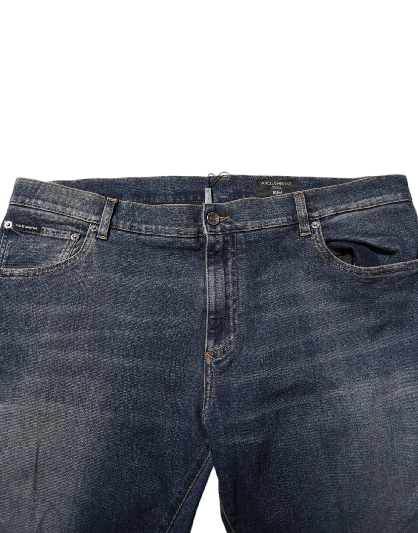 Dolce &amp; Gabbana Blue Cotton Logo Plaque Slim Denim Jeans