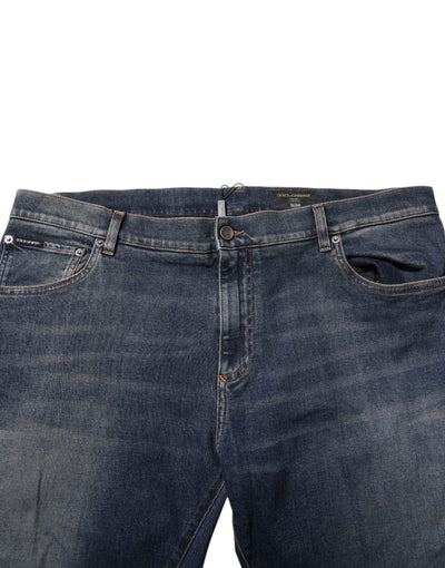 Dolce &amp; Gabbana Blue Cotton Logo Plaque Slim Denim Jeans