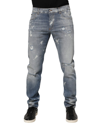 Dolce &amp; Gabbana Blauwe Katoenen Gescheurde Slim Fit Heren Denim Jeans