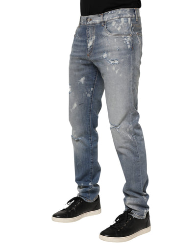 Dolce &amp; Gabbana Blauwe Katoenen Gescheurde Slim Fit Heren Denim Jeans