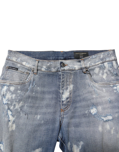 Dolce &amp; Gabbana Blauwe Katoenen Gescheurde Slim Fit Heren Denim Jeans