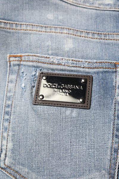 Dolce &amp; Gabbana Blauwe Katoenen Gescheurde Slim Fit Heren Denim Jeans