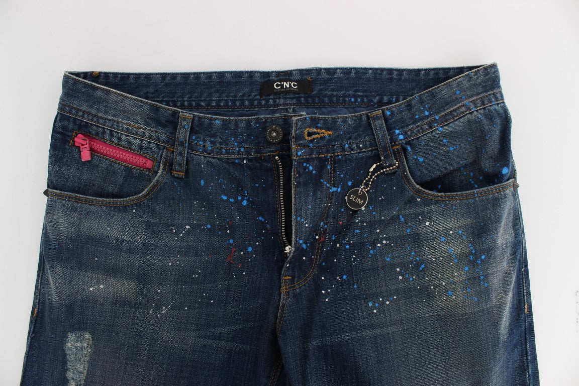 Costume National Blue Wash Paint Slim Fit Broek Jeans