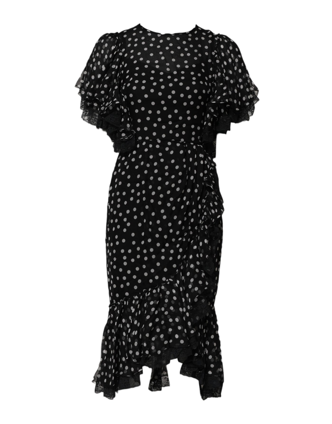 Dolce &amp; Gabbana zwart-witte kanten chiffon jurk met stippen