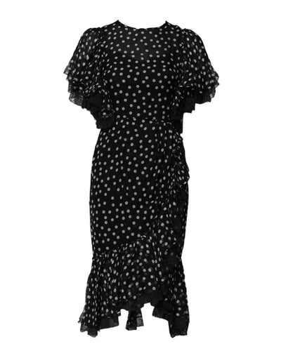 Dolce &amp; Gabbana zwart-witte kanten chiffon jurk met stippen