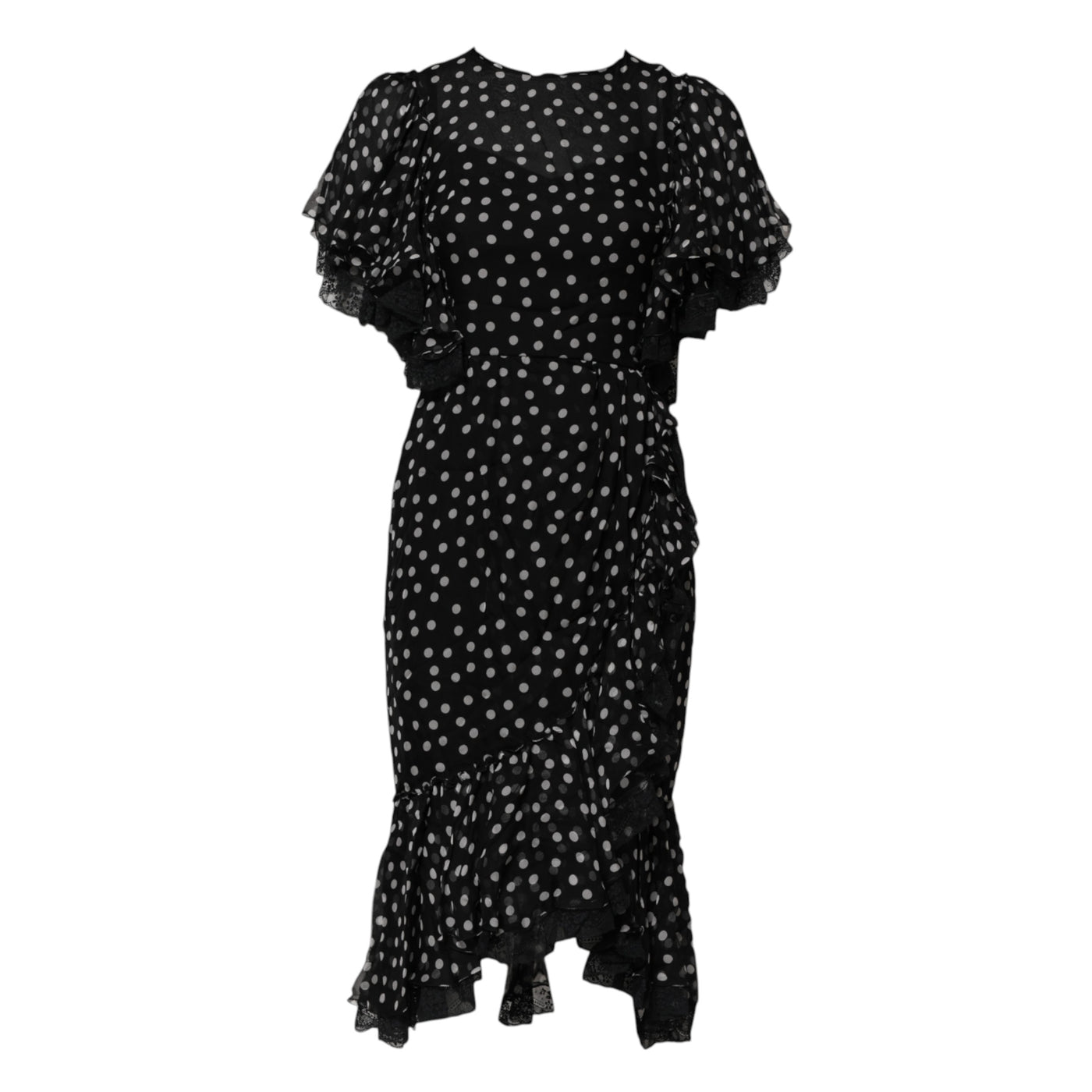 Dolce &amp; Gabbana zwart-witte kanten chiffon jurk met stippen