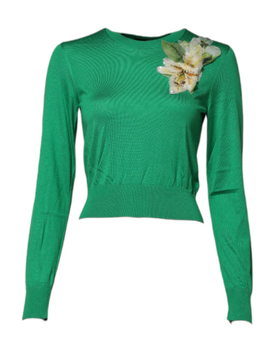 Dolce &amp; Gabbana Groene Zijden Trui met Bloemendetail