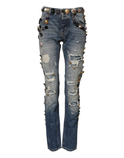 Jean skinny bleu à ornements et déchirures Dolce &amp; Gabbana 