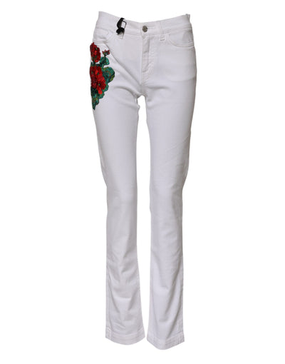 Jean en denim blanc à broderies florales GIRLY Dolce &amp; Gabbana 