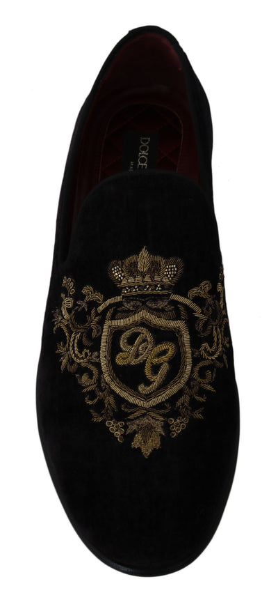 Dolce &amp; Gabbana Loafers Zwart Fluweel Gouden Kroon