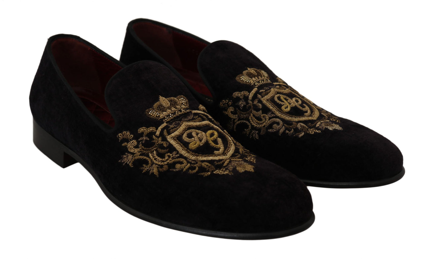 Dolce &amp; Gabbana Loafers Zwart Fluweel Gouden Kroon