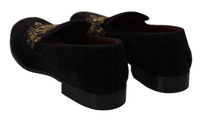 Dolce &amp; Gabbana Loafers Zwart Fluweel Gouden Kroon