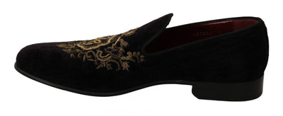 Dolce &amp; Gabbana Loafers Zwart Fluweel Gouden Kroon