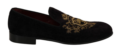 Dolce &amp; Gabbana Loafers Zwart Fluweel Gouden Kroon