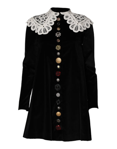 Dolce & Gabbana Black Velvet Lace Collared Embellished Dress