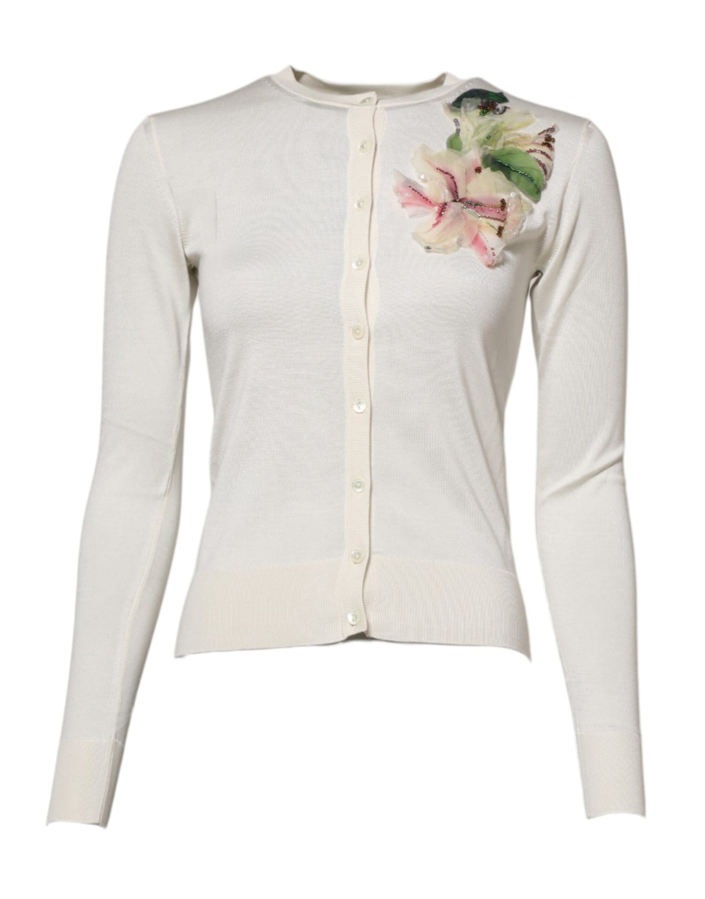 Dolce &amp; Gabbana Witte Zijden Lelie Geknoopte Cardigan Trui