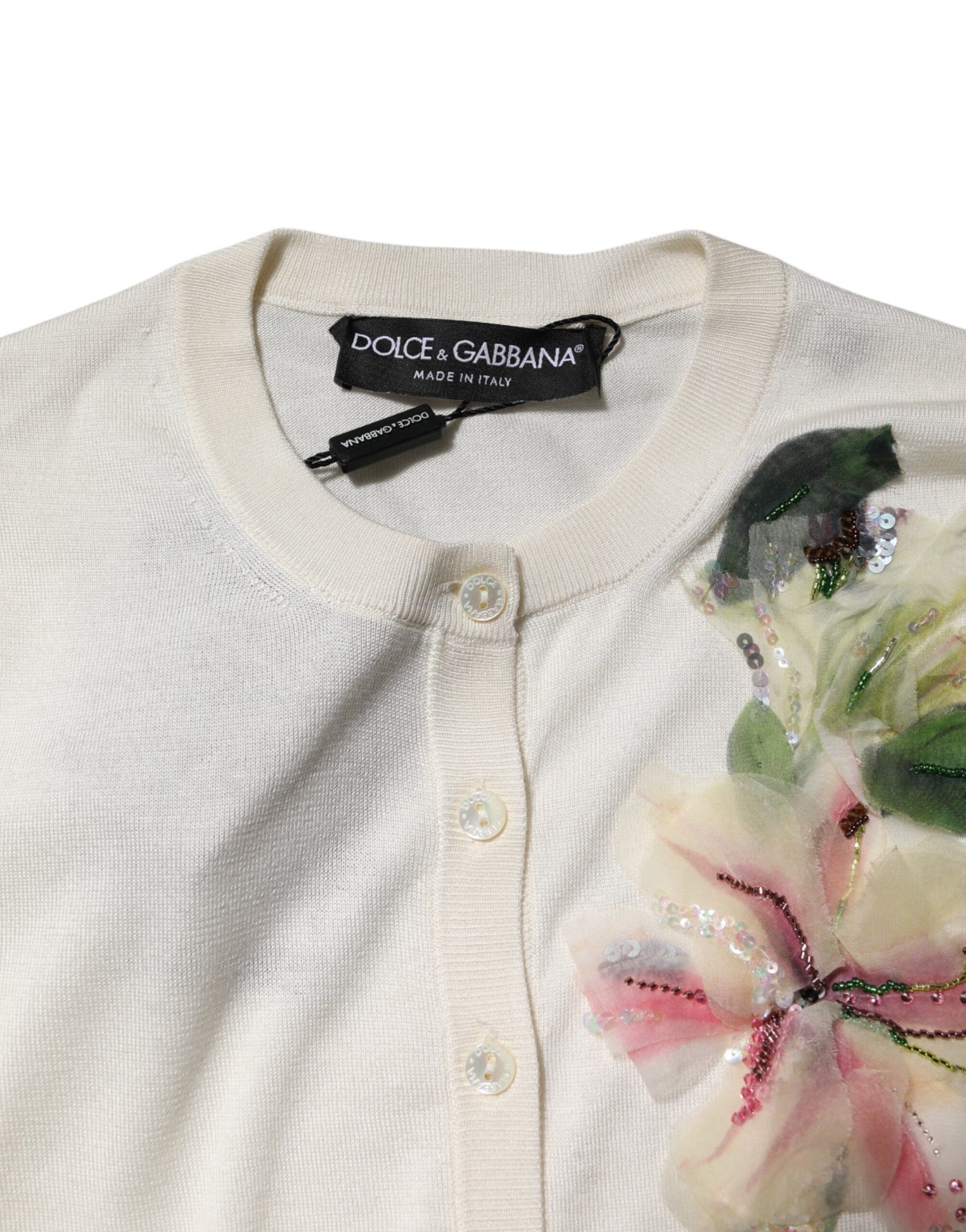 Dolce &amp; Gabbana Witte Zijden Lelie Geknoopte Cardigan Trui