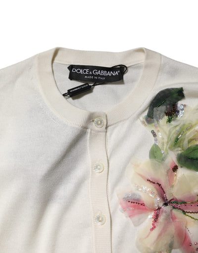 Dolce &amp; Gabbana Witte Zijden Lelie Geknoopte Cardigan Trui