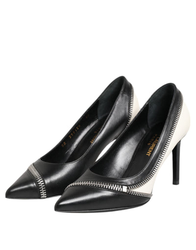 Saint Laurent White Black Leather Pointed Toe Heels Shoes