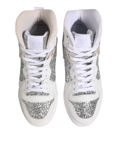 Chiara Ferragni Witte Zilveren Hoge Top Dames Sneakers Schoenen