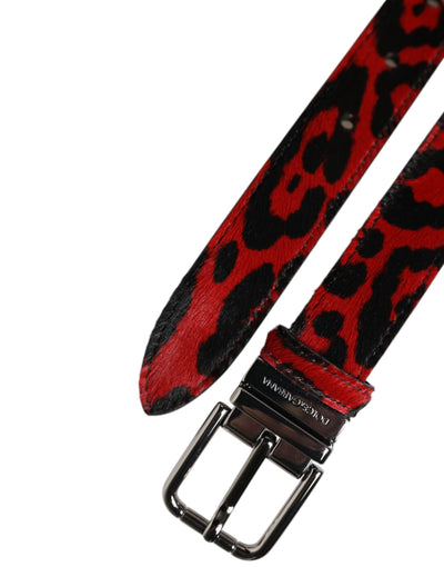 Ceinture Dolce &amp; Gabbana à boucle en métal argenté et motif léopard noir et rouge