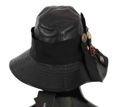 Dolce &amp; Gabbana zwarte leren DG Coin Crystal hoed met brede rand