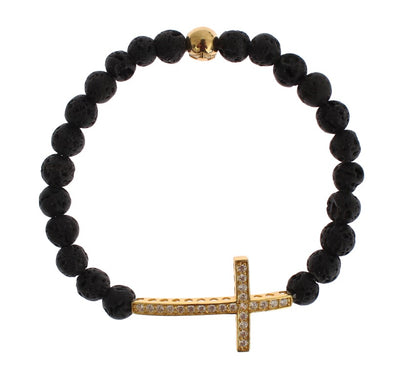 Nialaya Lava Stone Goud Helder CZ Kruis 925 Zilveren Armband