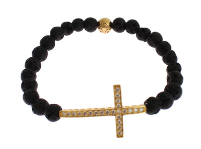 Nialaya Lava Stone Goud Helder CZ Kruis 925 Zilveren Armband