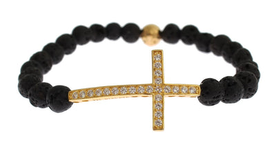 Nialaya Lava Stone Goud Helder CZ Kruis 925 Zilveren Armband