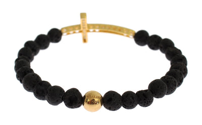 Nialaya Lava Stone Goud Helder CZ Kruis 925 Zilveren Armband