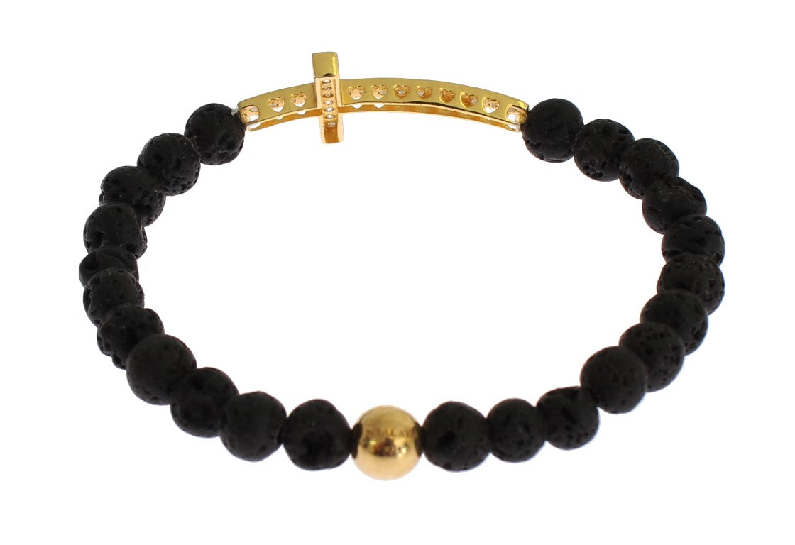 Nialaya Lava Stone Goud Helder CZ Kruis 925 Zilveren Armband