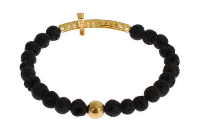 Nialaya Lava Stone Goud Helder CZ Kruis 925 Zilveren Armband