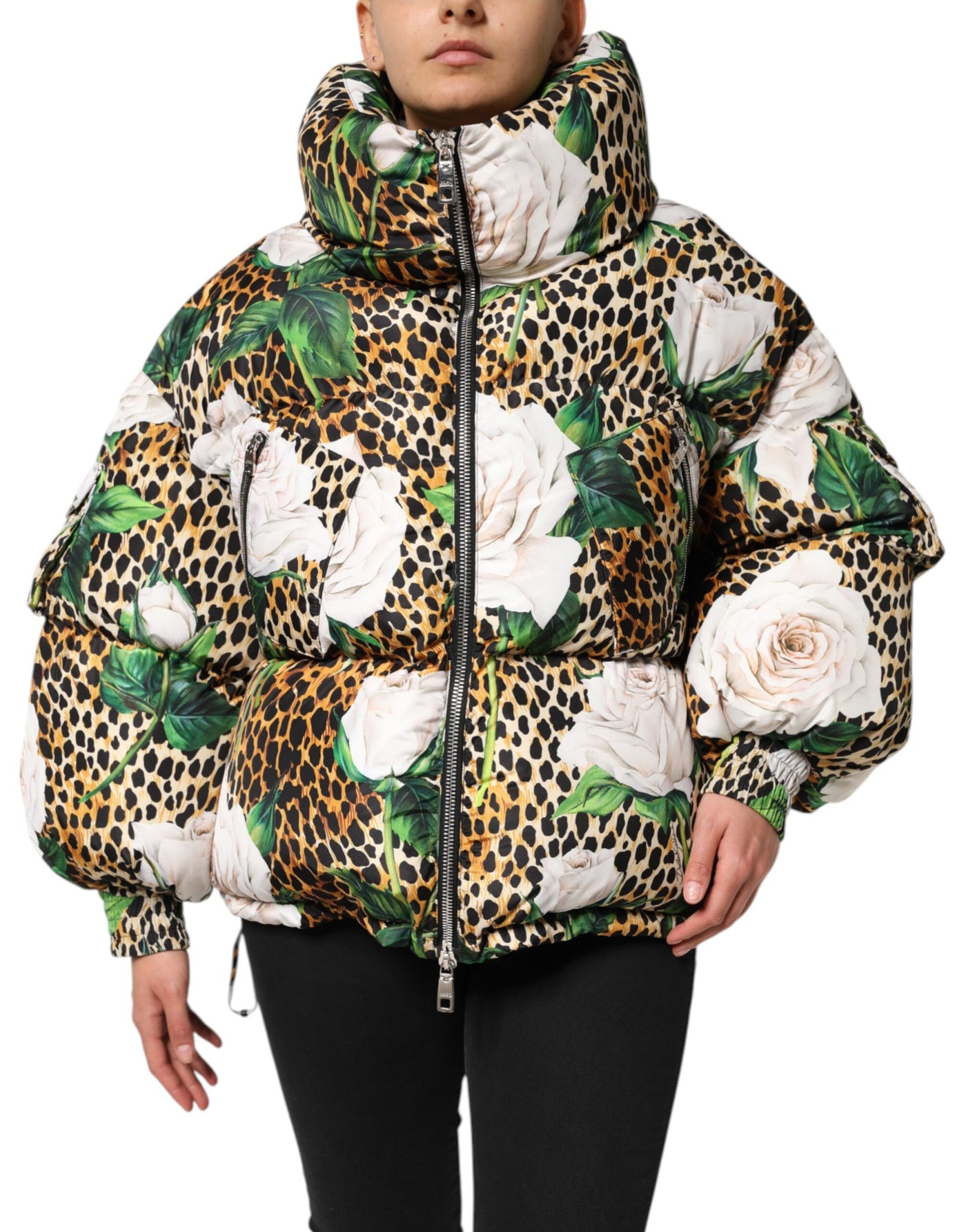 Dolce &amp; Gabbana Multicolor Leopard Rose Puffer Gewatteerde Jas