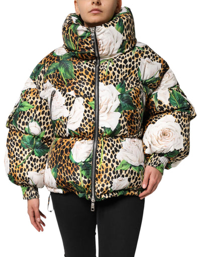 Dolce &amp; Gabbana Multicolor Leopard Rose Puffer Gewatteerde Jas