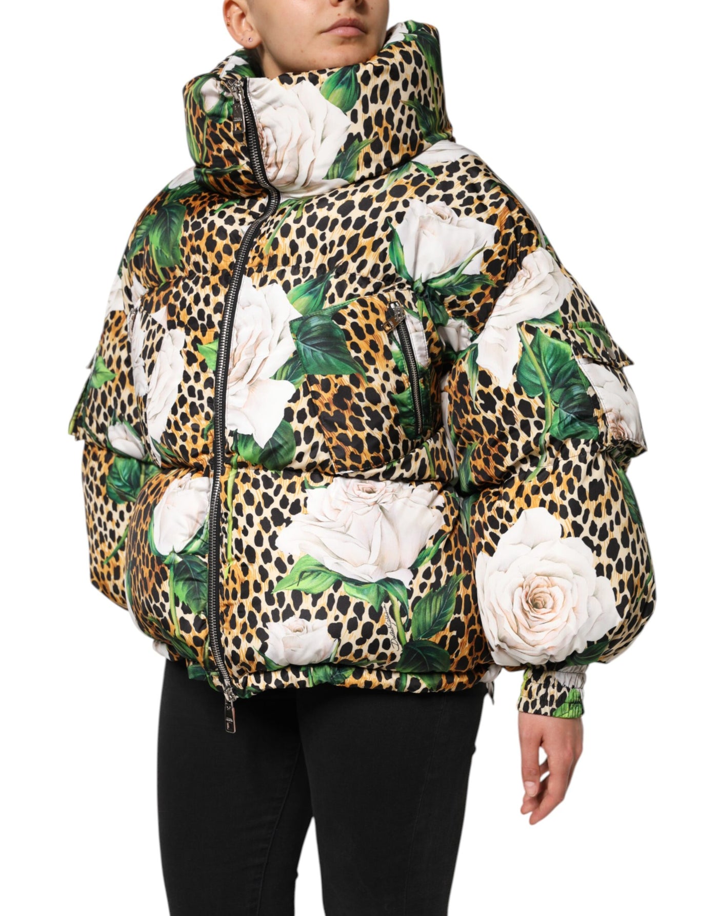 Dolce &amp; Gabbana Multicolor Leopard Rose Puffer Gewatteerde Jas
