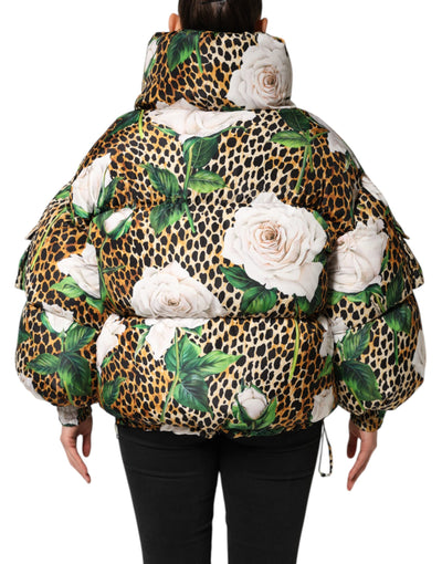Dolce &amp; Gabbana Multicolor Leopard Rose Puffer Gewatteerde Jas