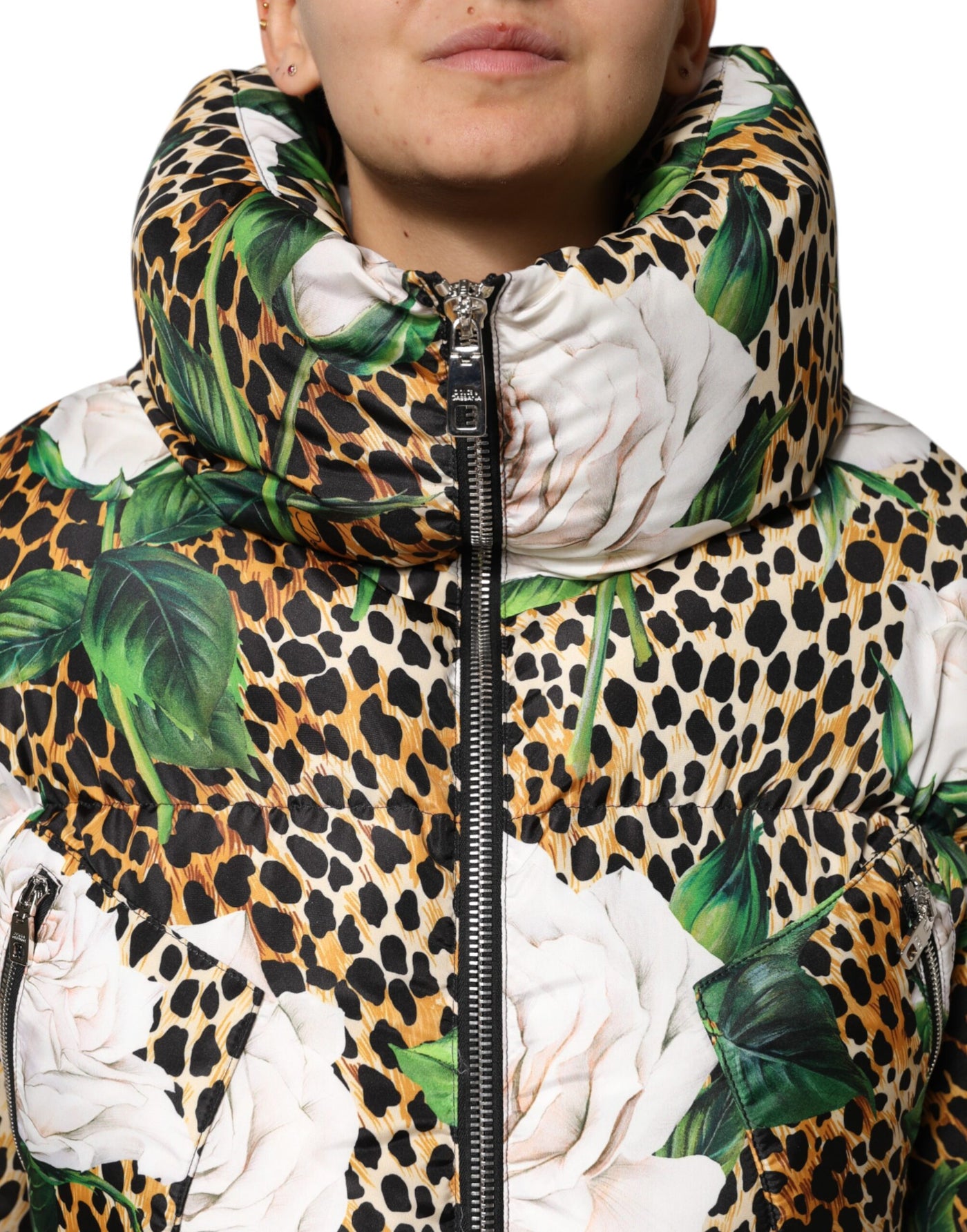 Dolce &amp; Gabbana Multicolor Leopard Rose Puffer Gewatteerde Jas
