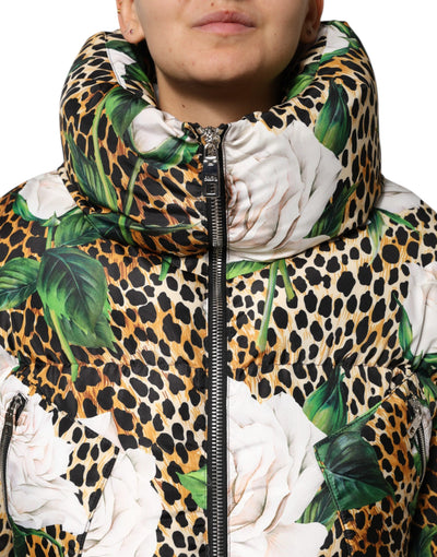 Dolce &amp; Gabbana Multicolor Leopard Rose Puffer Gewatteerde Jas