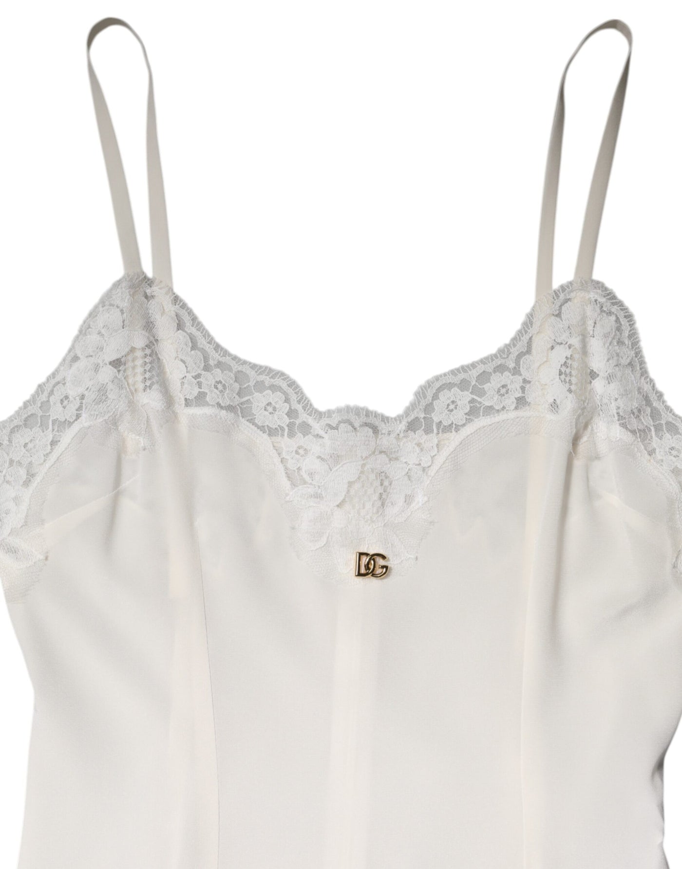 Dolce &amp; Gabbana Witte Kanten Gouden DG Logo Zijden Jurk Nachtkleding