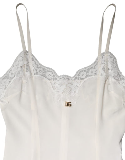 Dolce &amp; Gabbana Witte Kanten Gouden DG Logo Zijden Jurk Nachtkleding