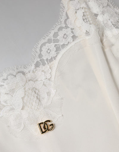 Dolce &amp; Gabbana Witte Kanten Gouden DG Logo Zijden Jurk Nachtkleding