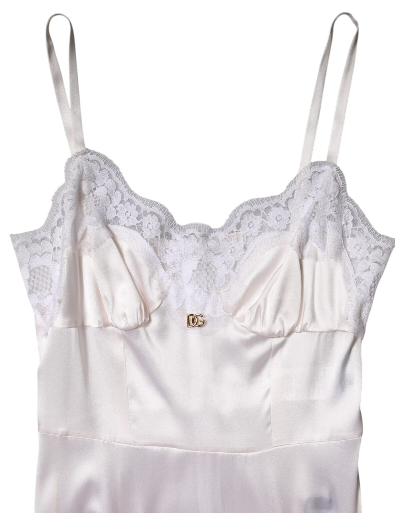 Dolce &amp; Gabbana Witte Kanten Gouden DG Logo Zijden Jurk Nachtkleding